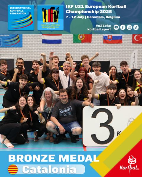 La selecció catalana de korfbal, celebrant la victòria. Autoria: IKF
