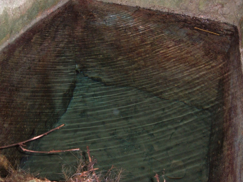 Interior de l'aljub on es poden veure restes de càntirs al fons.